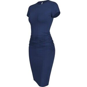 Laughido Bodycon Dress Womens L Navy Blue Ruched Knee Length T Shirt Dress